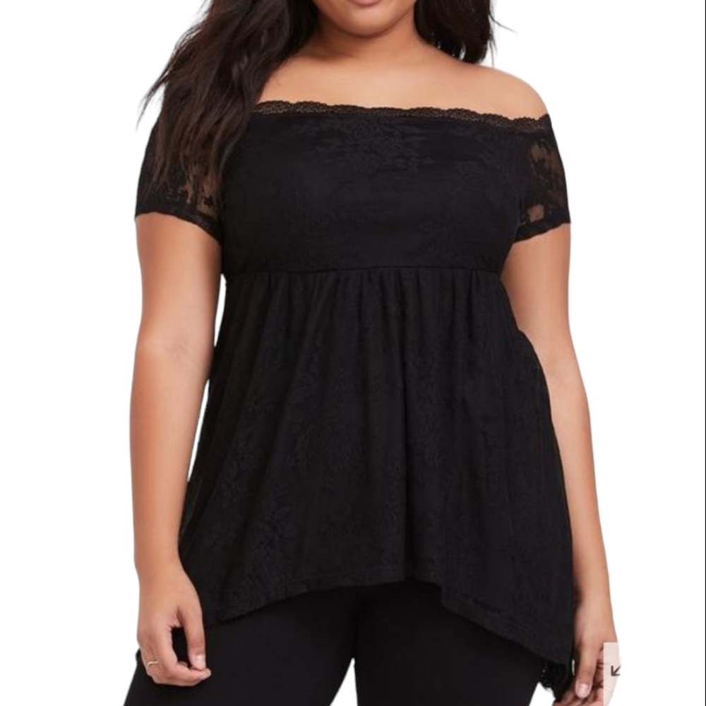 NWT Torrid Black Lace Off Shoulder Babydoll Top Size 2